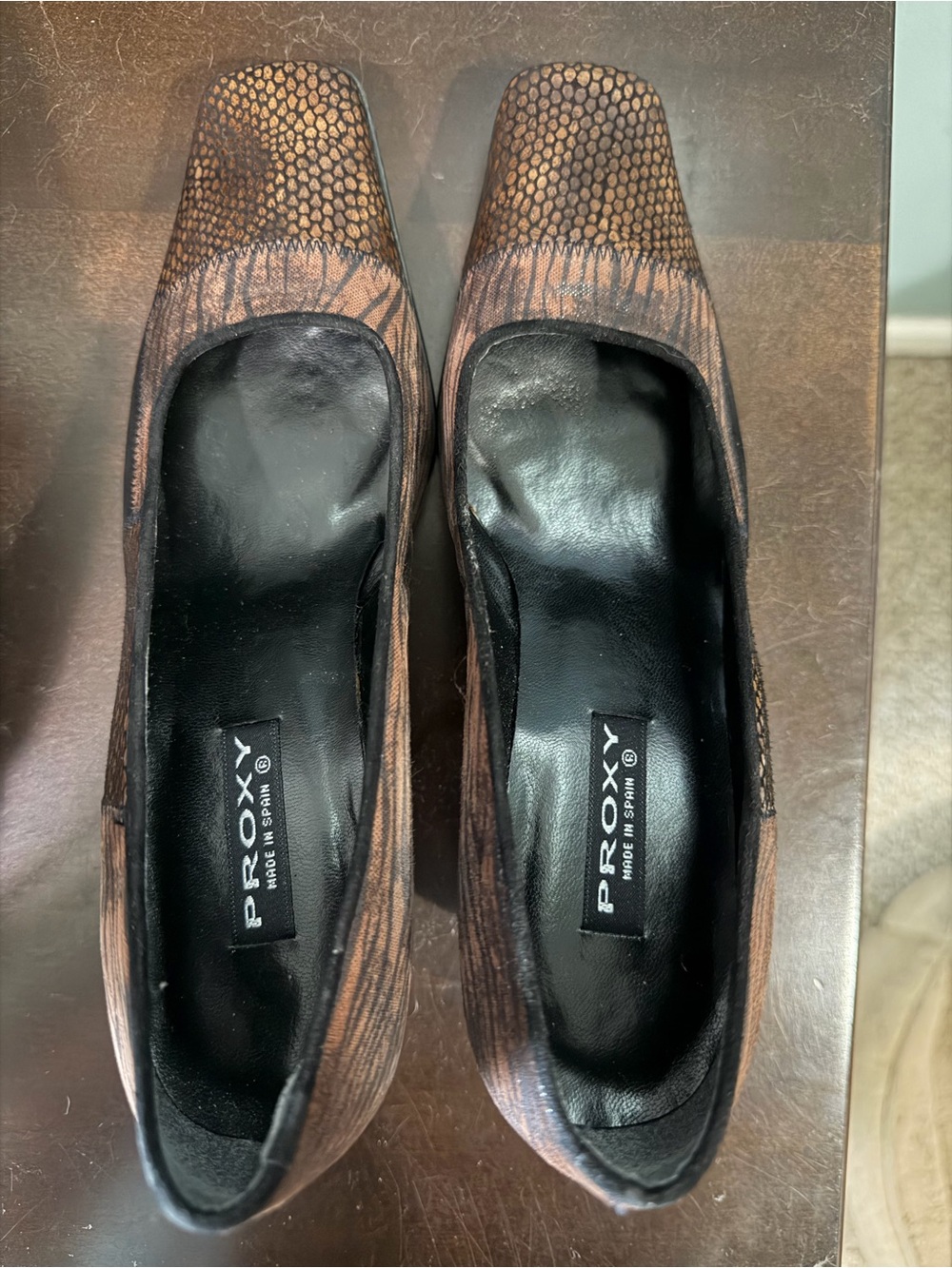 Textured Brown Pattern Block Heel Pumps